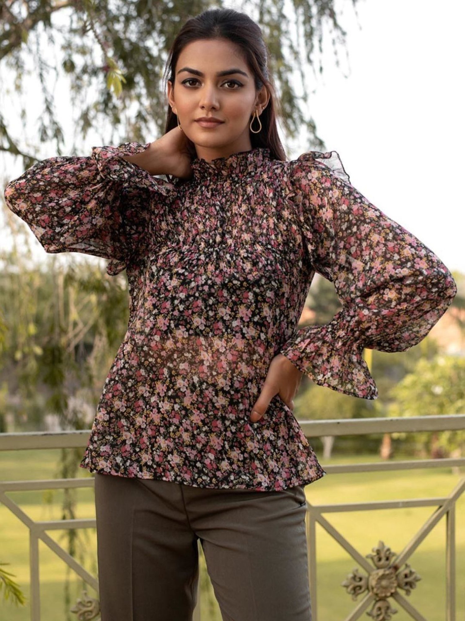 BInfinite Black Floral Ruffled Chiffon Blouse