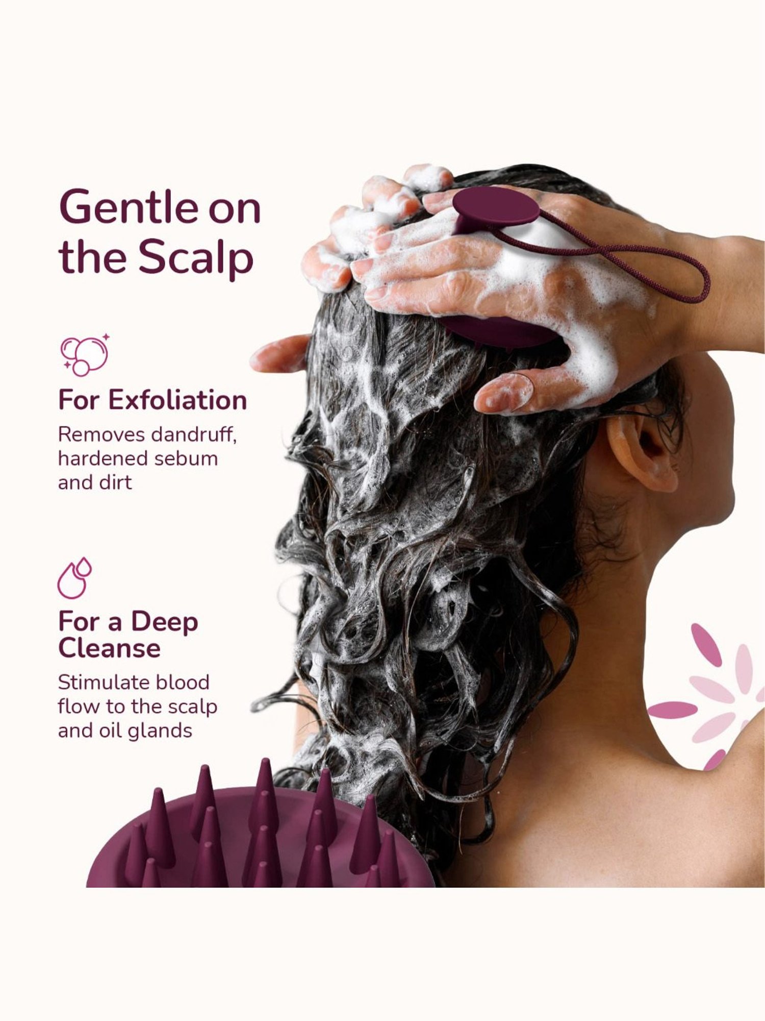 Caresmith Bloom Scalp Massager, All Silicone Body with Super Soft Bristles for Hair Growth (Purple)