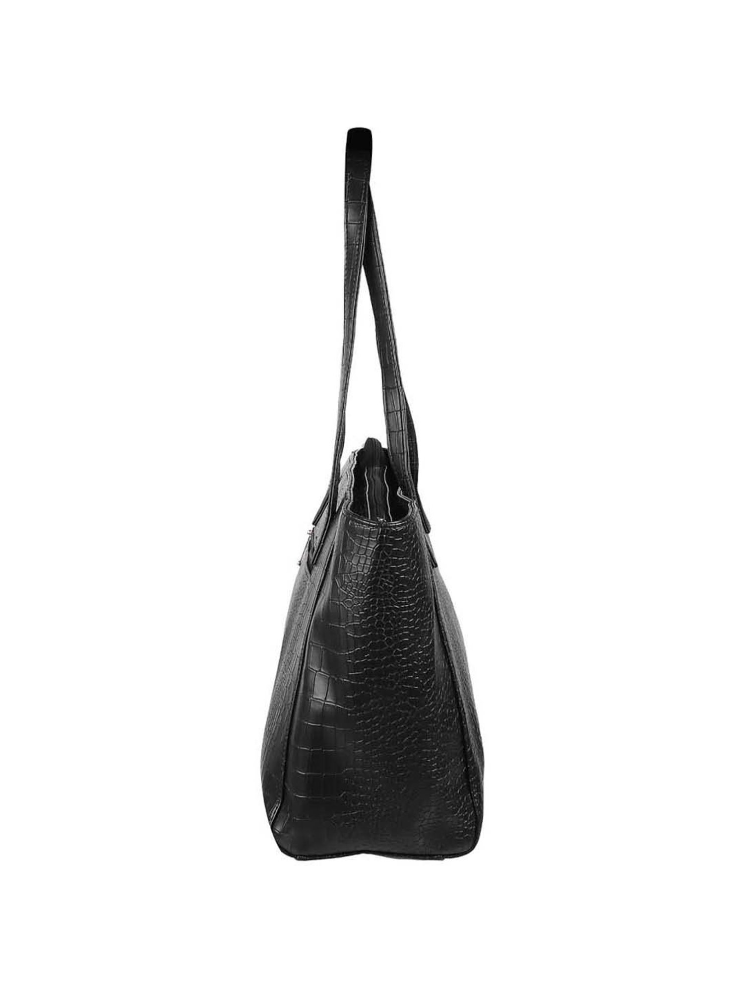 Walkway Black Synthetic Textured Tote Handbag