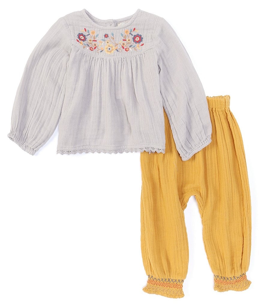 Peek Baby Girls 3-24 Months Long-Sleeve Embroidery Floral Print Babydoll Top & Pant Set