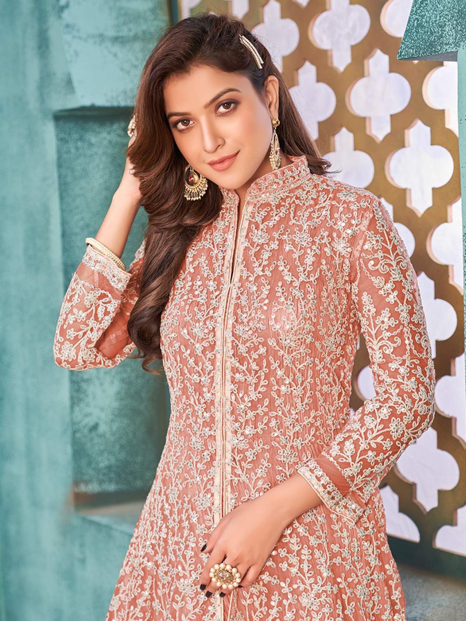 Odette Peach Embroidered Unstitched Dress Material