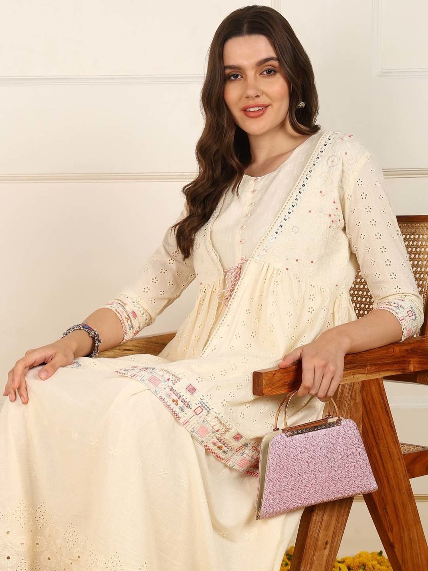 Vaamsi Beige Cotton Embellished Maxi Dress With Shrug