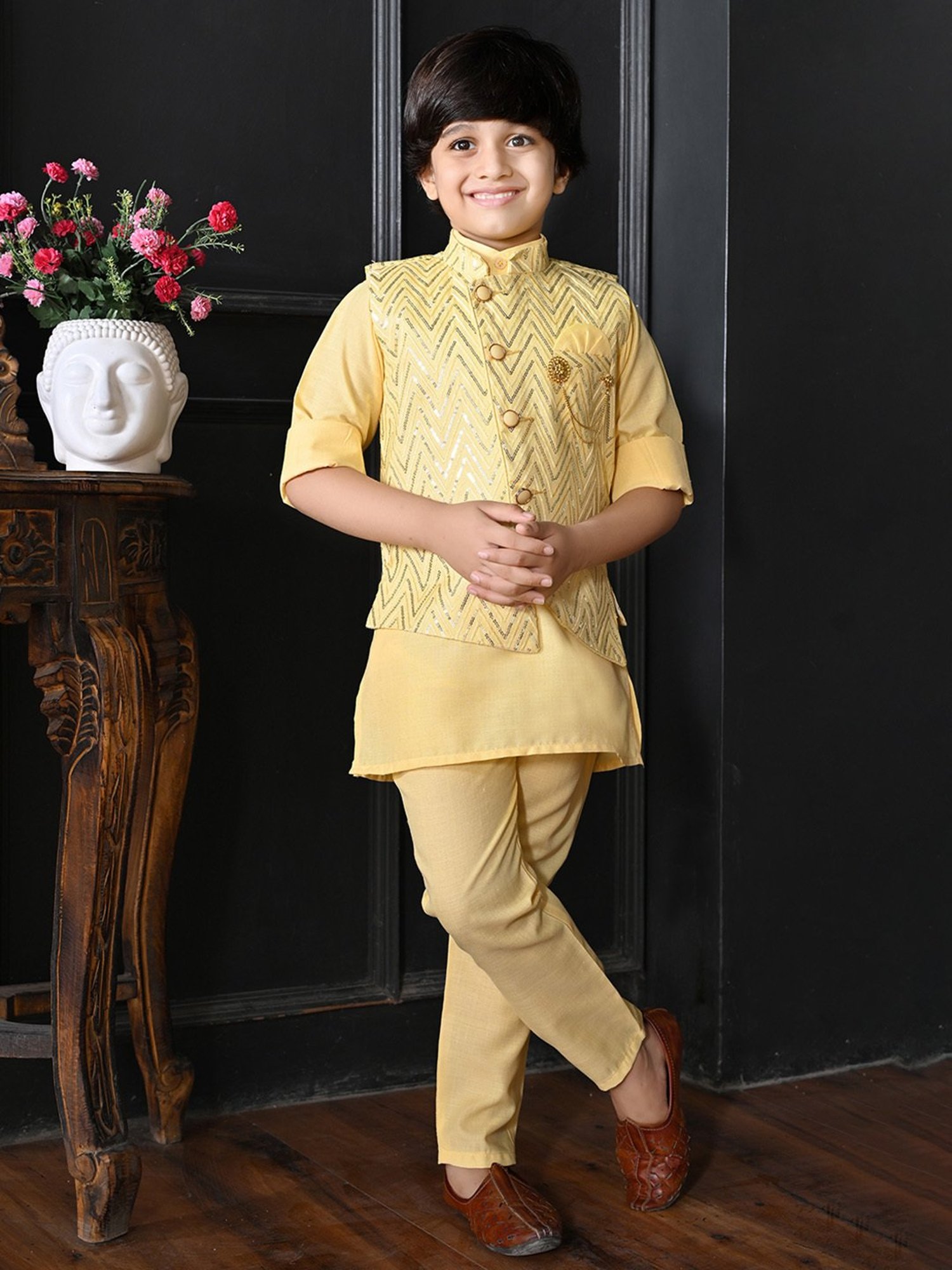 AJ Dezines Kids Black Embellished Full Sleeves Sherwani with Pants