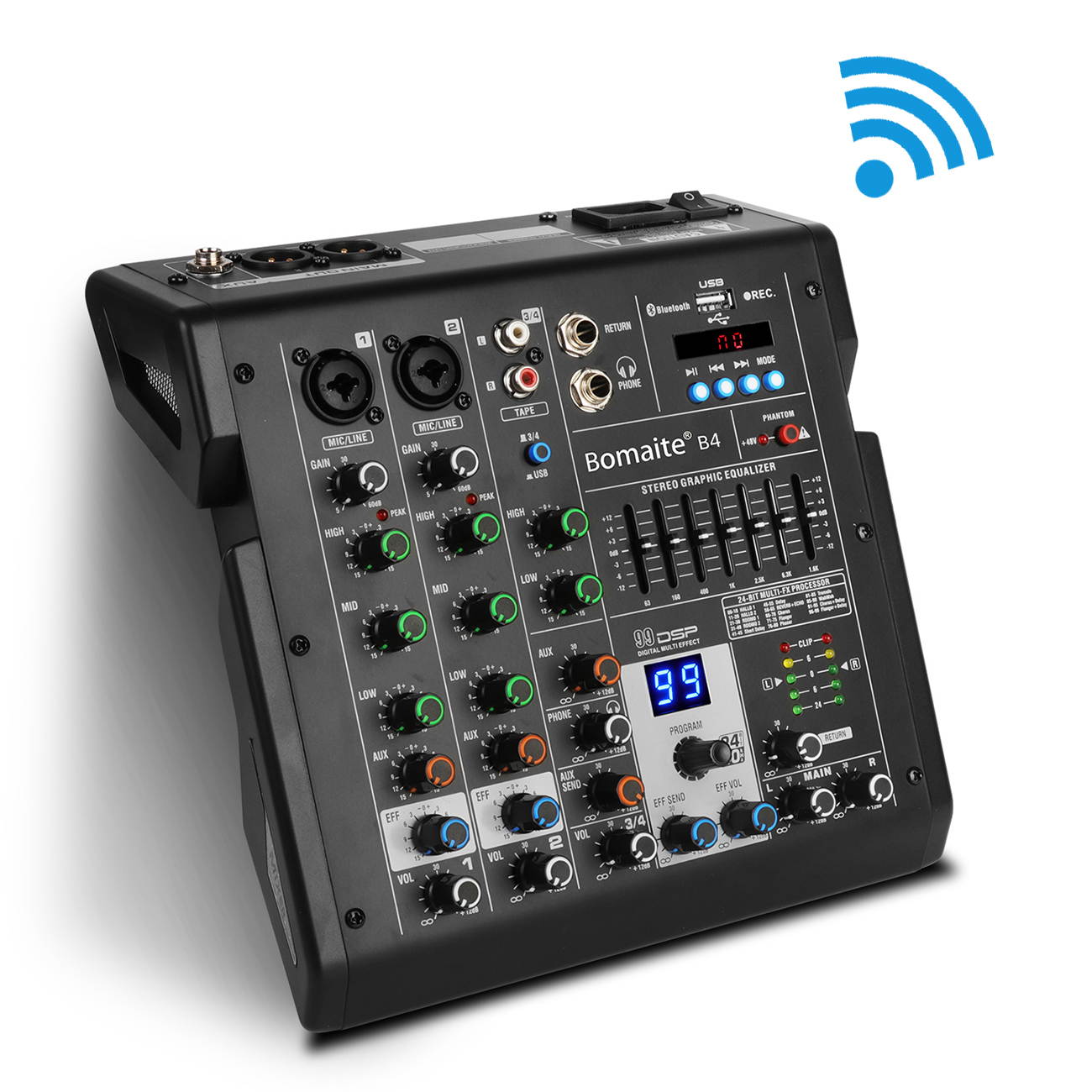 Bomaite B4 Portable 4-Channel Mixing Console Mixer 7-band EQ Built-in 48V Phantom Power Supports BT Connection USB MP3 Player for Computer Recording, Bands