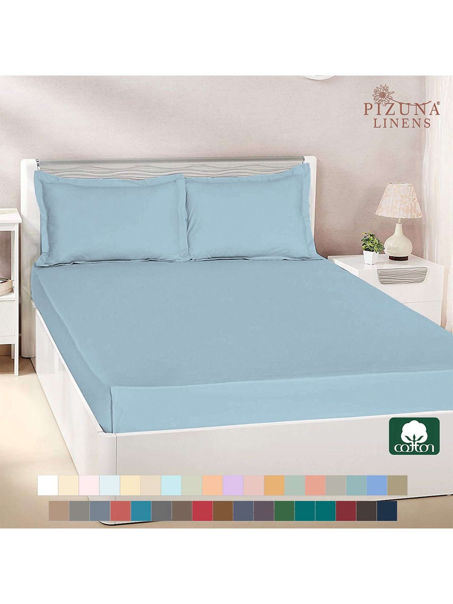 Pizuna Blue 400 TC Cotton Bed Sheet with 2 Pillow Cover