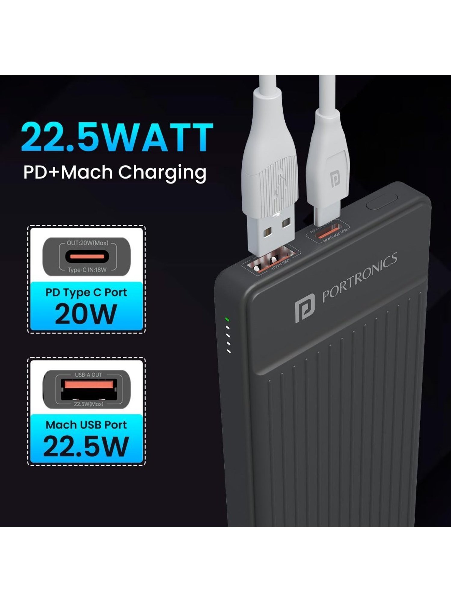 Portronics Luxcell B 10000mAh Power Bank 22.5W with Fast Charging & Mach USB A Output (Dark Grey)