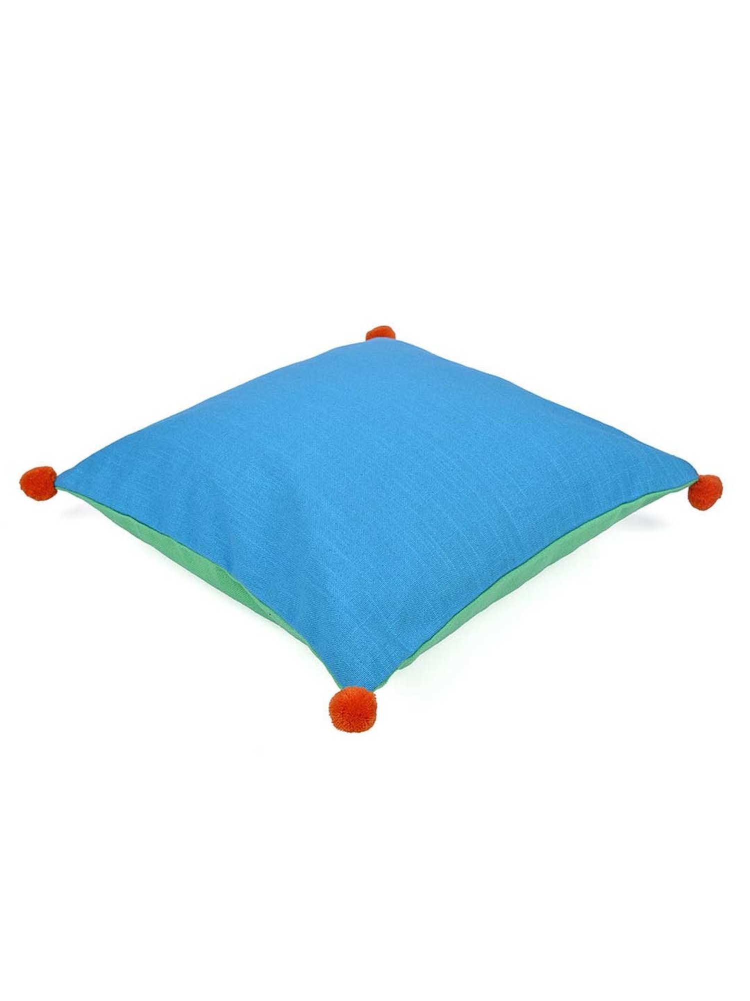 @home Blue & Green Cotton Two Sided Pom Pom Cushion Cover With Zipper