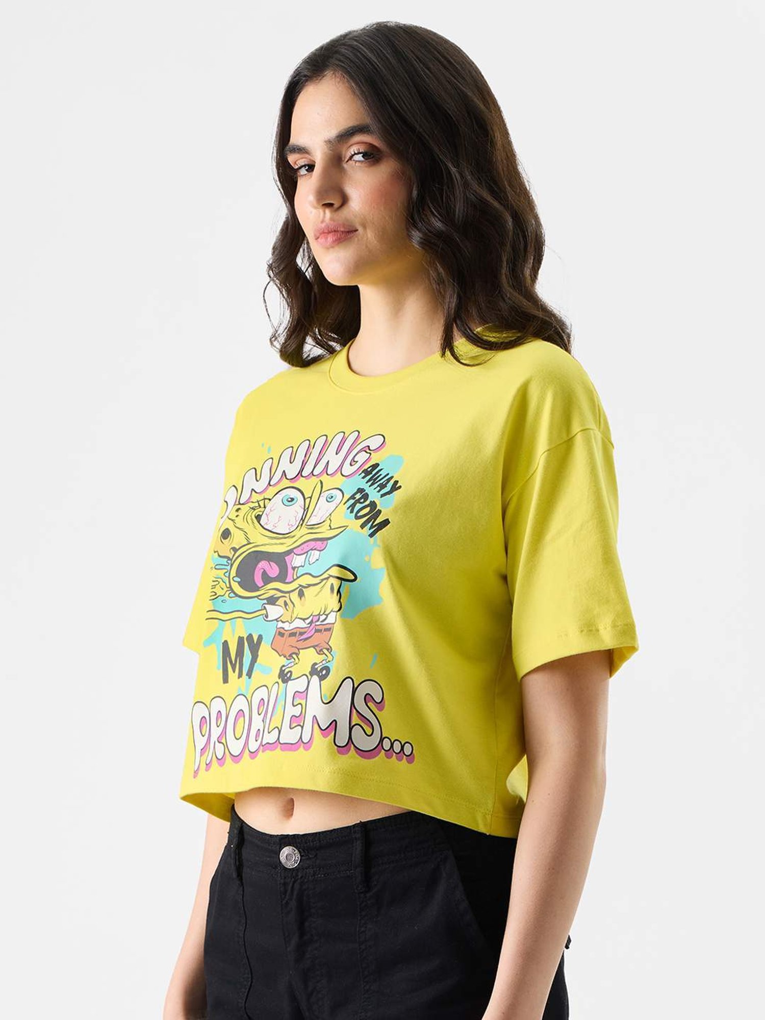 The Souled Store Yellow Cotton Printed Crop T-Shirt