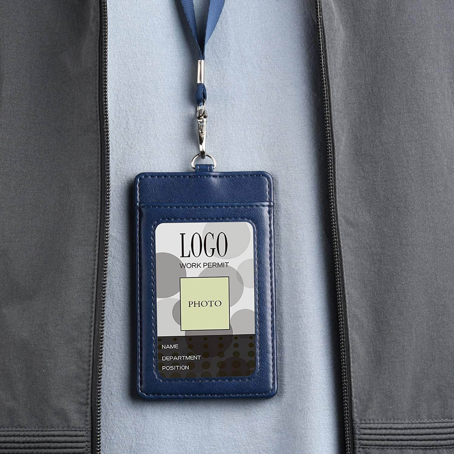 Badge Holder, Arae PU Leather Vertical ID Badge Card Holder with Detachable Lanyard/Strap - Blue