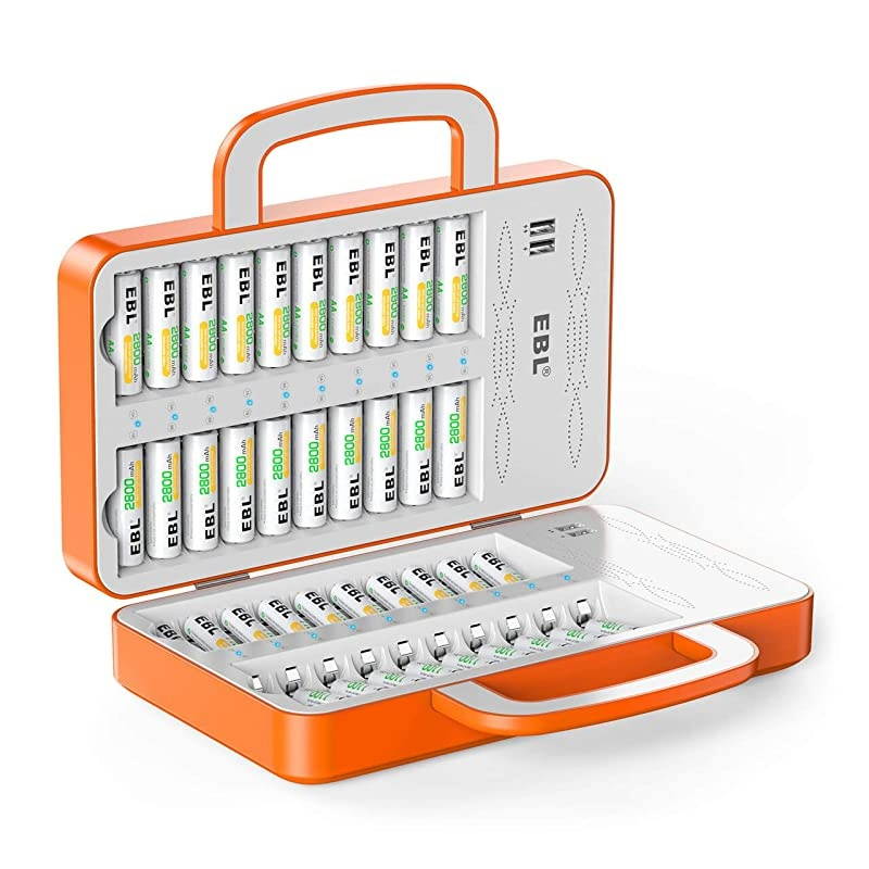 40Slot Battery Charger for 2/4/.20/24.38/40 pcs AA AAA Rechargeable Batteries - Advanced Multiple Battery Charger with 4 USB Output for Phones - Handle Design(Batteries not Included)
