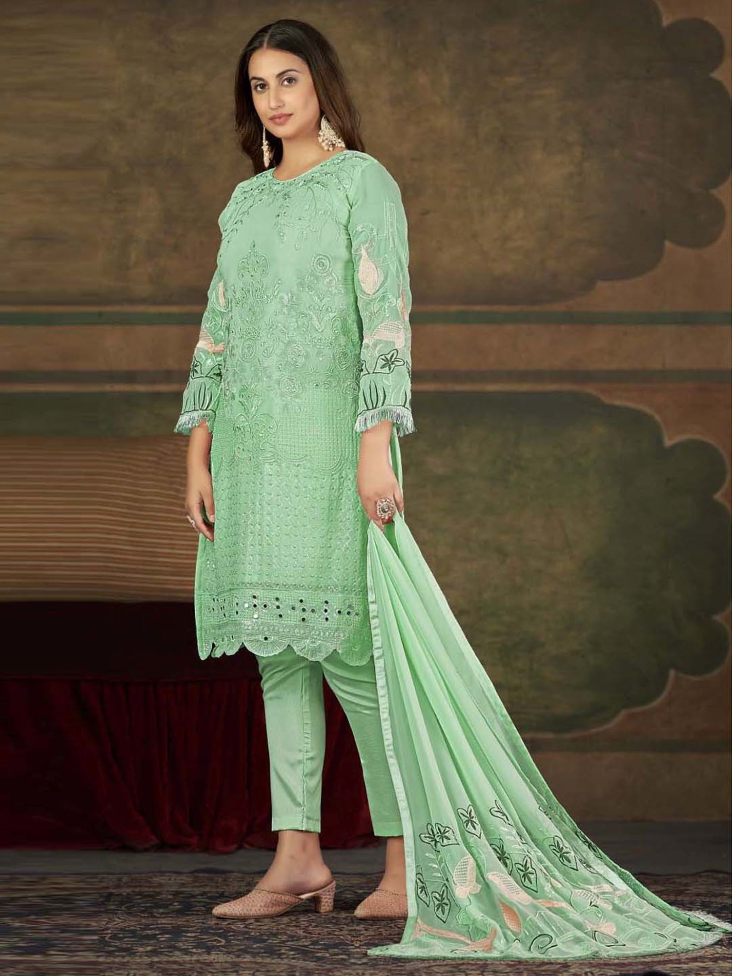 Warthy Ent Green Embroidered Semi Stitched Dress Material