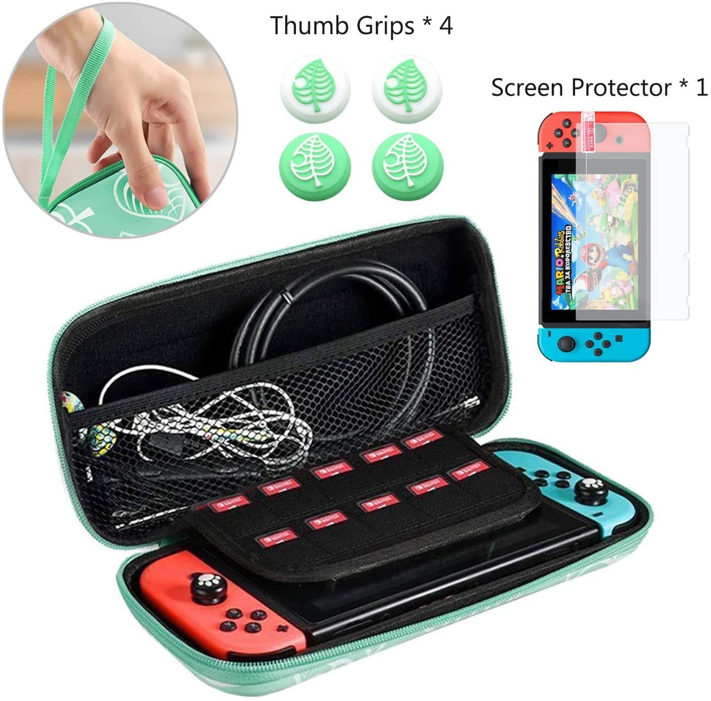 Carrying Case for Nintendo Switch Travel Carry Cover Hard Shell Storage with Screen Protector and 4 Leaf Thumb Grip
