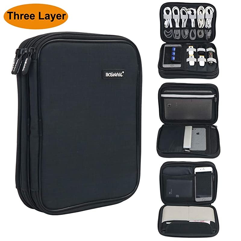 Electronic Organizer Three Layer Cable Organizer Bag Travel Gadget Storage Case for USB Cable Hard Drive Power Bank Digital Camera iPad MiniTablet or EBook up to 79 Black