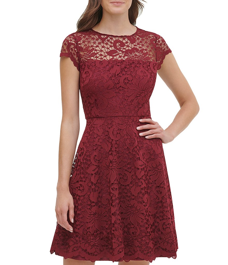 Kensie Illusion Neck Cap Sleeve Lace Fit & Flare Scallop Hem Fit & Flair Dress