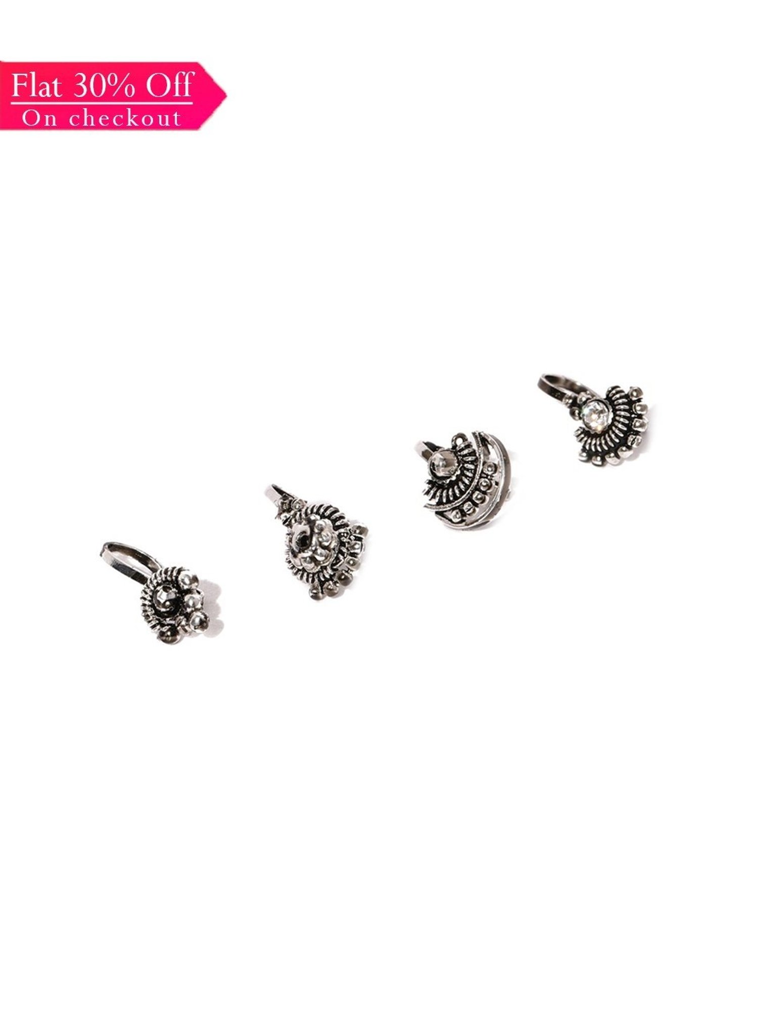 Zaveri Pearls Silver & Clear Alloy Nose Clip - Set of 4