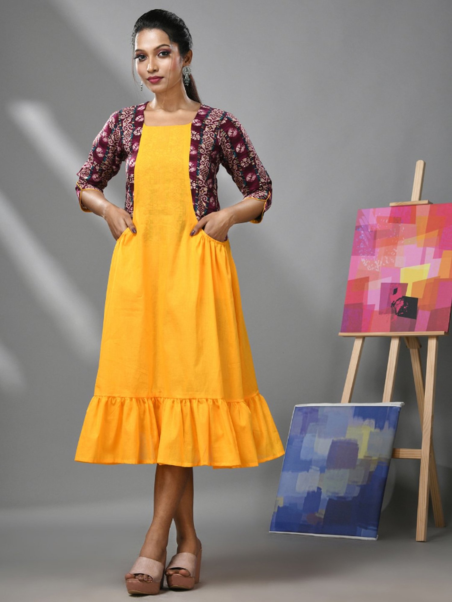 CHARUKRITI Yellow Cotton Printed A-Line Dress With Jacket