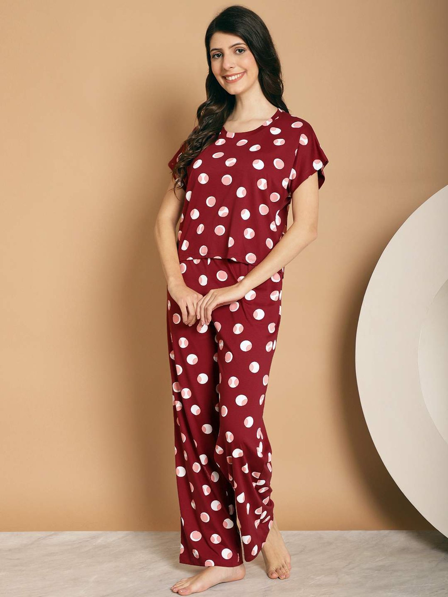 Kanvin Maroon Cotton Printed Top Pyjamas Set