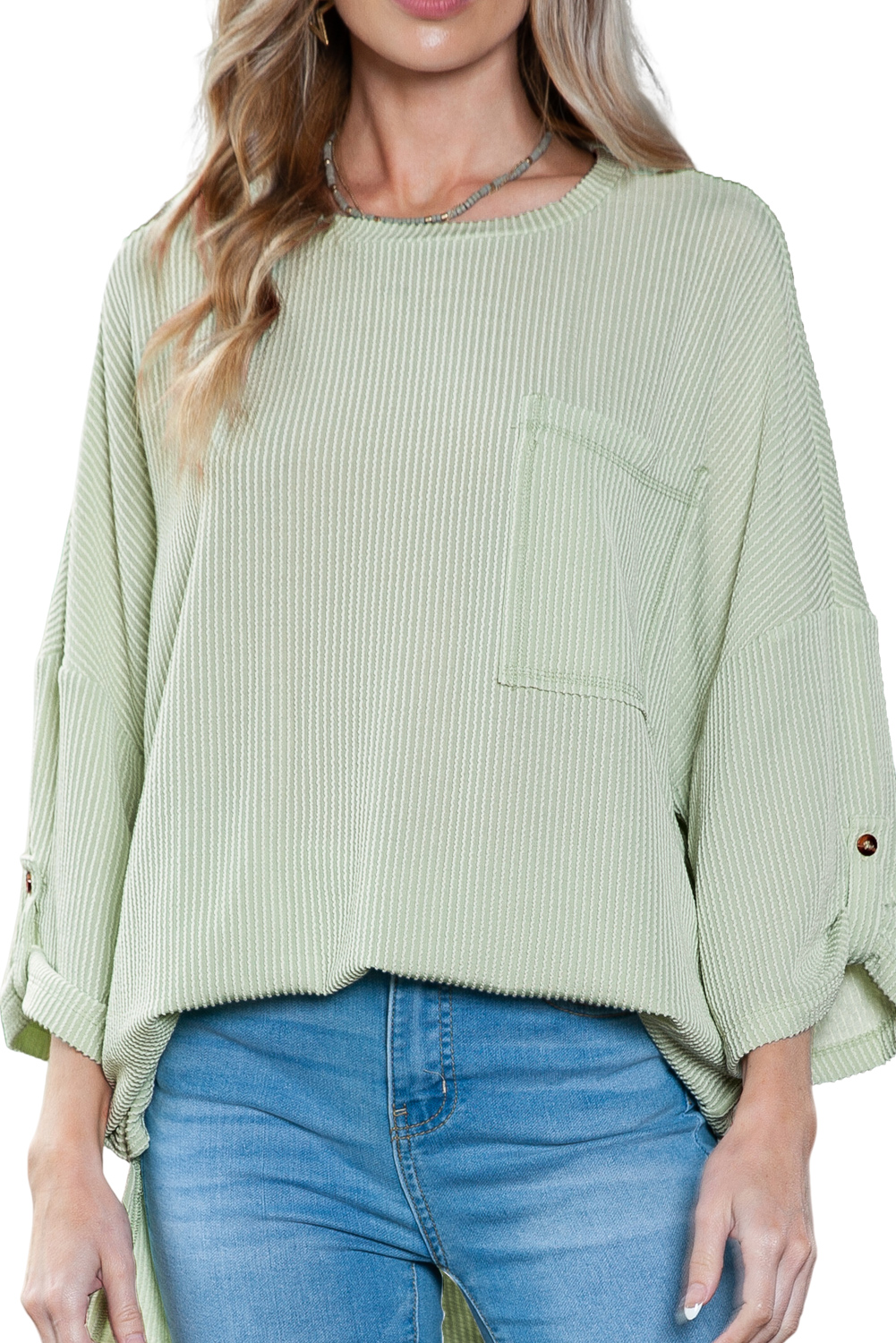 Green Crinkle Ribbed Roll Tab Sleeve Chest Pocket Oversize Top