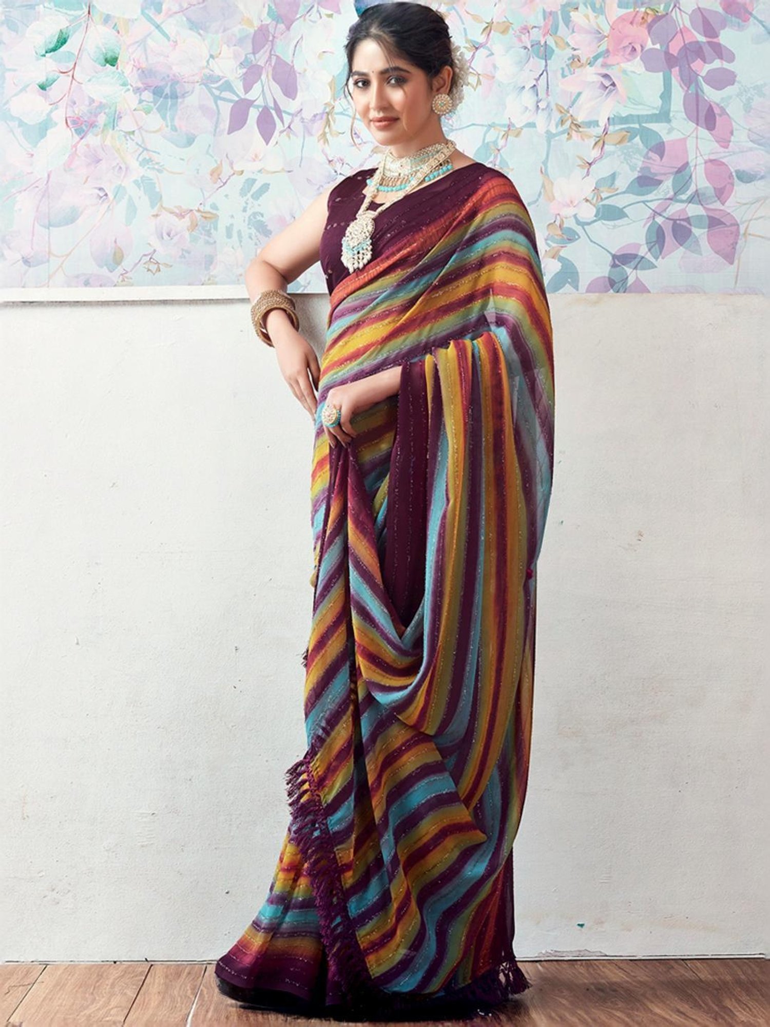 Satrani Brown & Blue Striped Saree With Unstitched Blouse