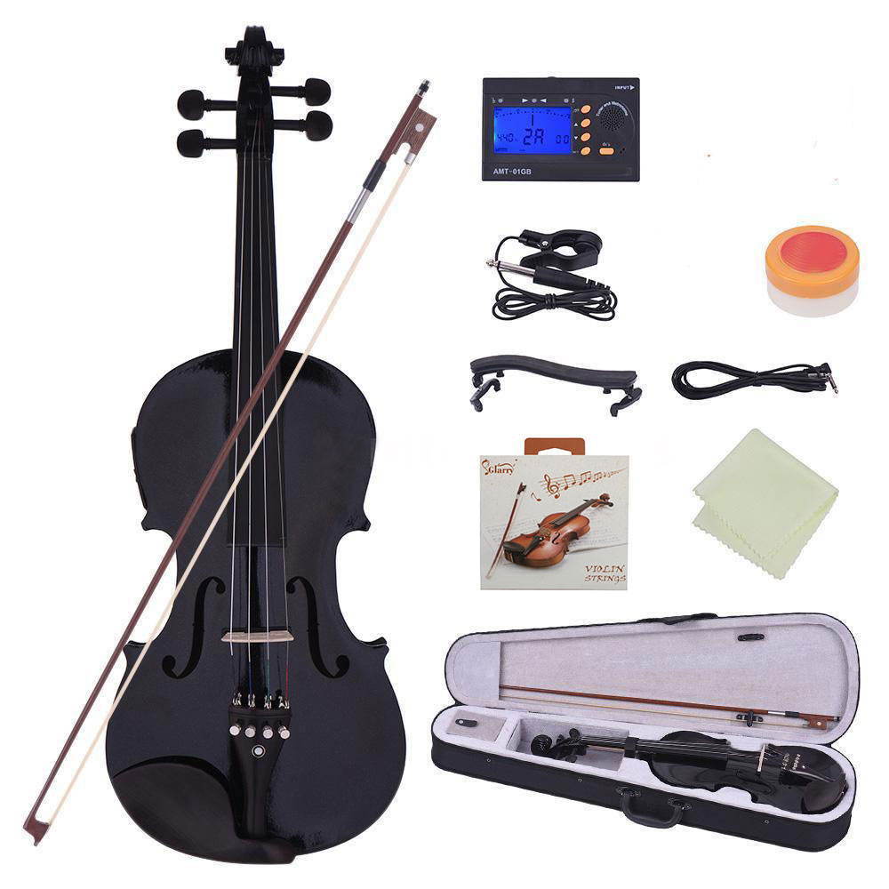 4/4 Full Size Solid Wood EQ Violin w/Shoulder Rest + Electronic Tuner + Strings