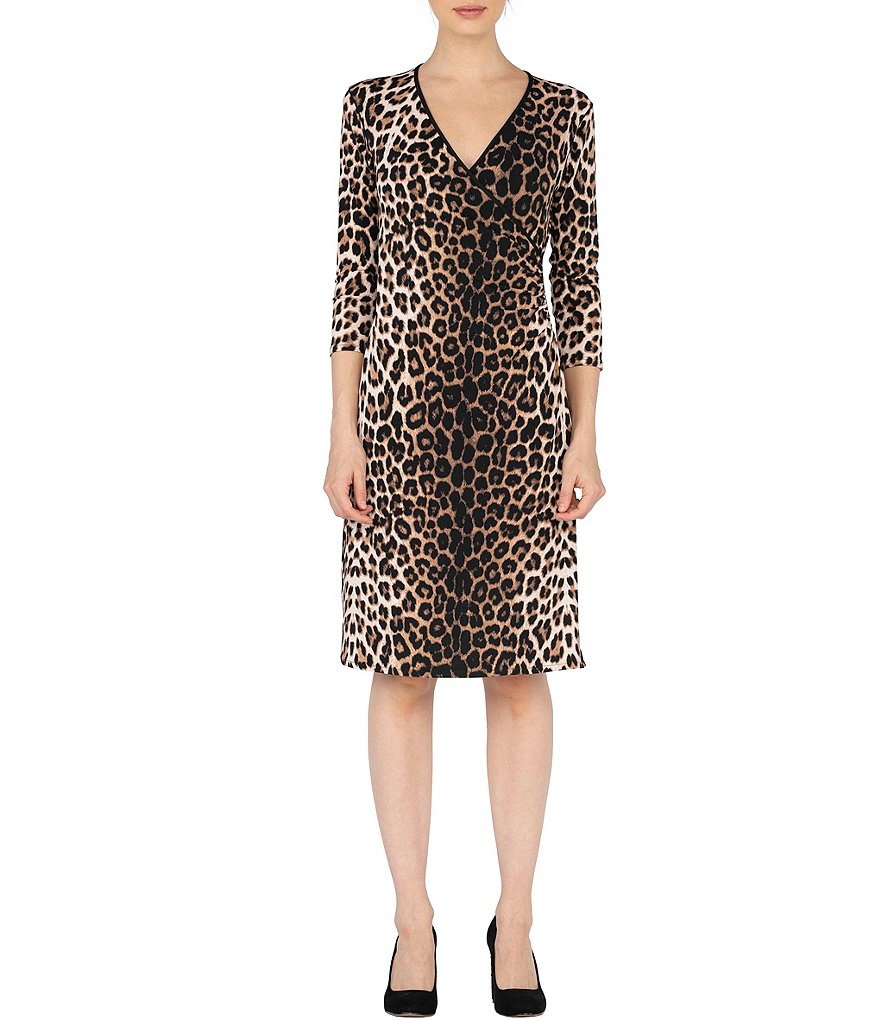 Eva Varro V-Neck 3/4 Sleeve Faux Wrap Cheetah Print Dress