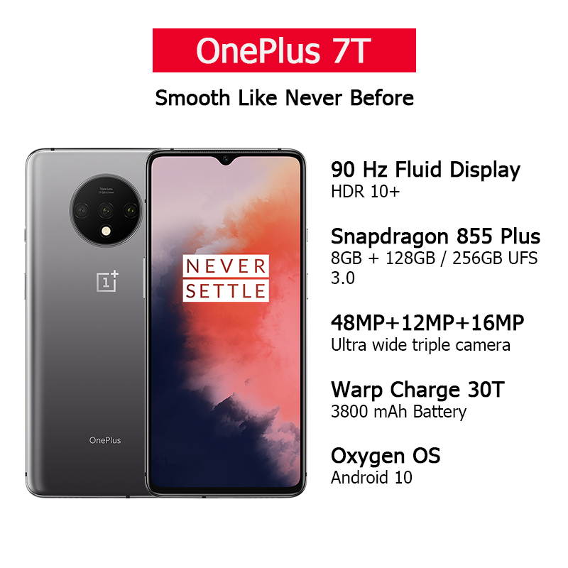 Original Global Version OnePlus 7T Fluid Display 6.55" AMOLED Screen 48MP Triple Cameras Dual-SIM 256GB/8GB Snapdragon 855+ 3800mAh Phone UFS 3.0 NFC Factory Unlocked