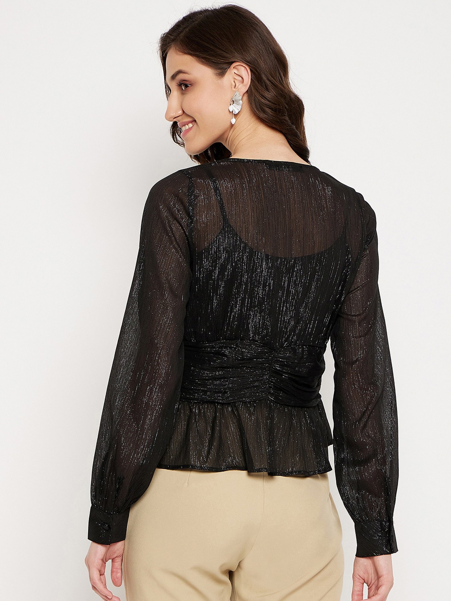 MADAME Black Textured Peplum Top