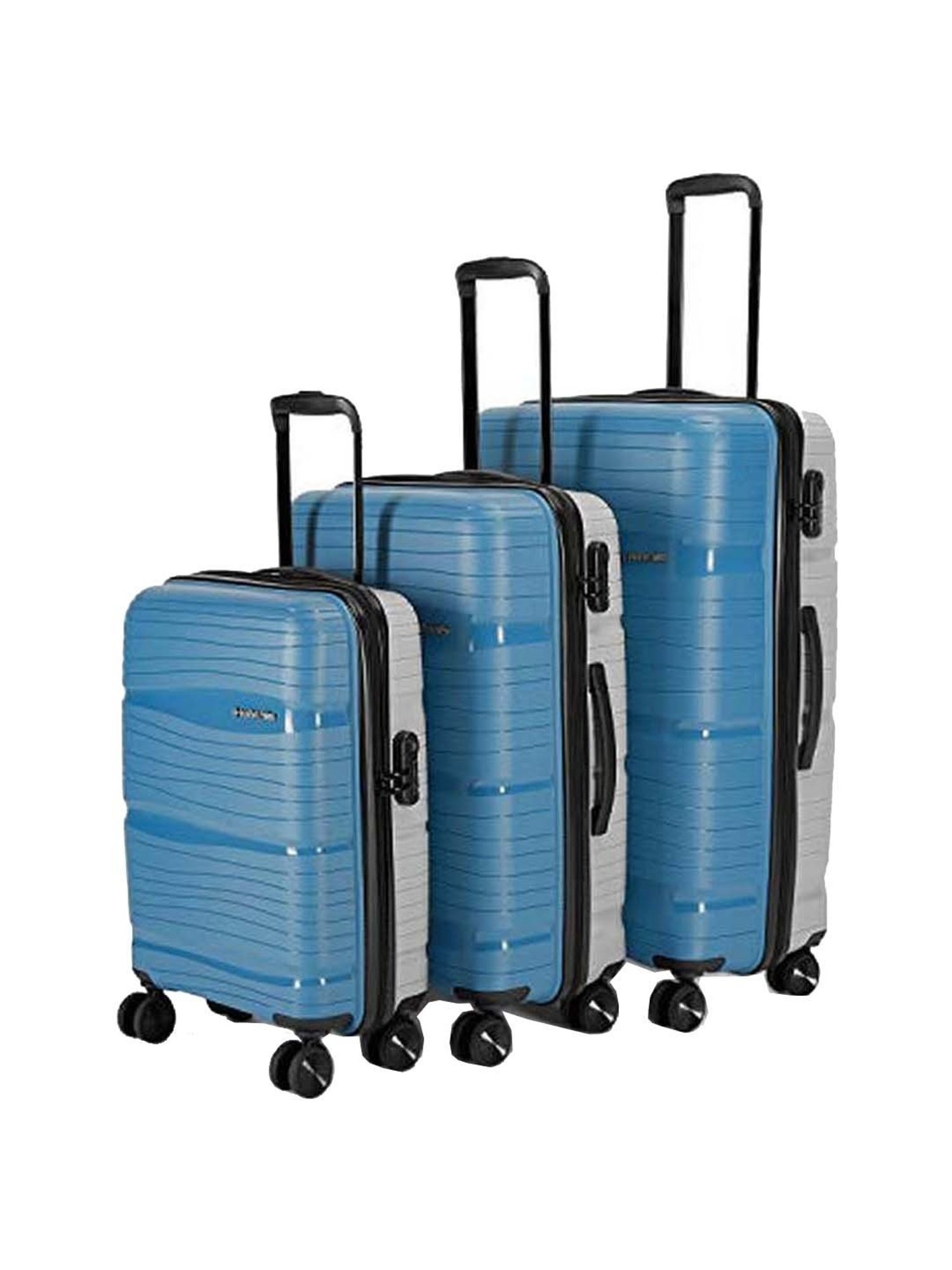 Nasher Miles Nicobar Hard-Sided Polypropylene Set of 3 Blue and Grey Trolley Bags (55, 65 & 75 cm)
