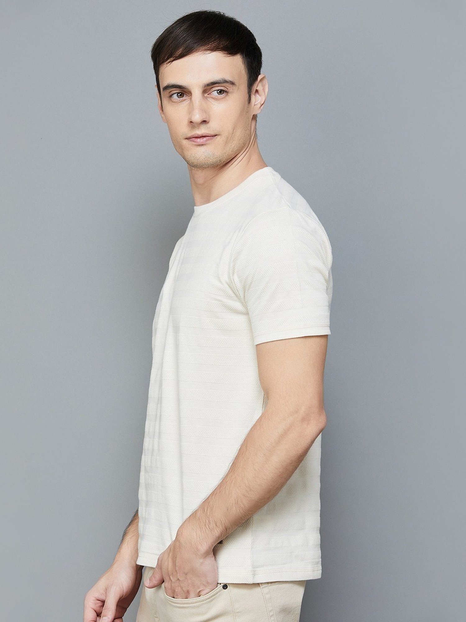 Code by Lifestyle Ecru Cotton Regular Fit Printed T-Shirt