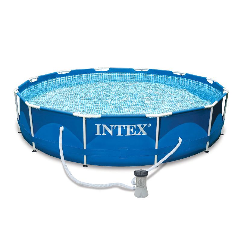 Intex 12x2.5 Ft Metal Frame Pool w/ Intex Swimming Pool Filter Pump System