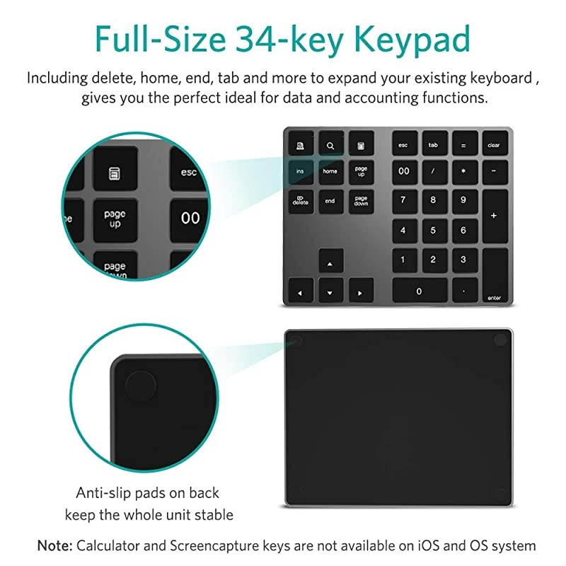 Numeric Keypad Portable Wireless 34Key External Number pad with Multiple Shortcuts for Computer Laptop Windows Surface Compatible with Apple iMac Mackbook iPad Black