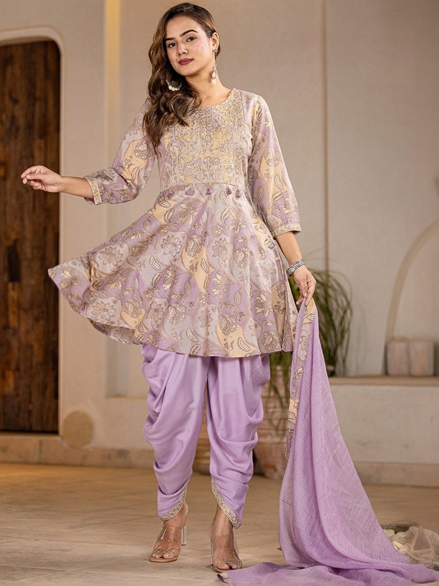 Yufta Purple Cotton Printed Kurti Dhoti Pant Set With Dupatta