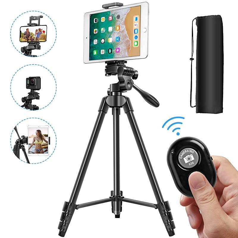 Tripod 55 Inch Lightweight Tripod for with 2 in 1 Holder for Tablet and CellAluminum Alloy 3Way Head Tripod for DLSR Camera with Carrying Bag and Bluetooth Remote Control