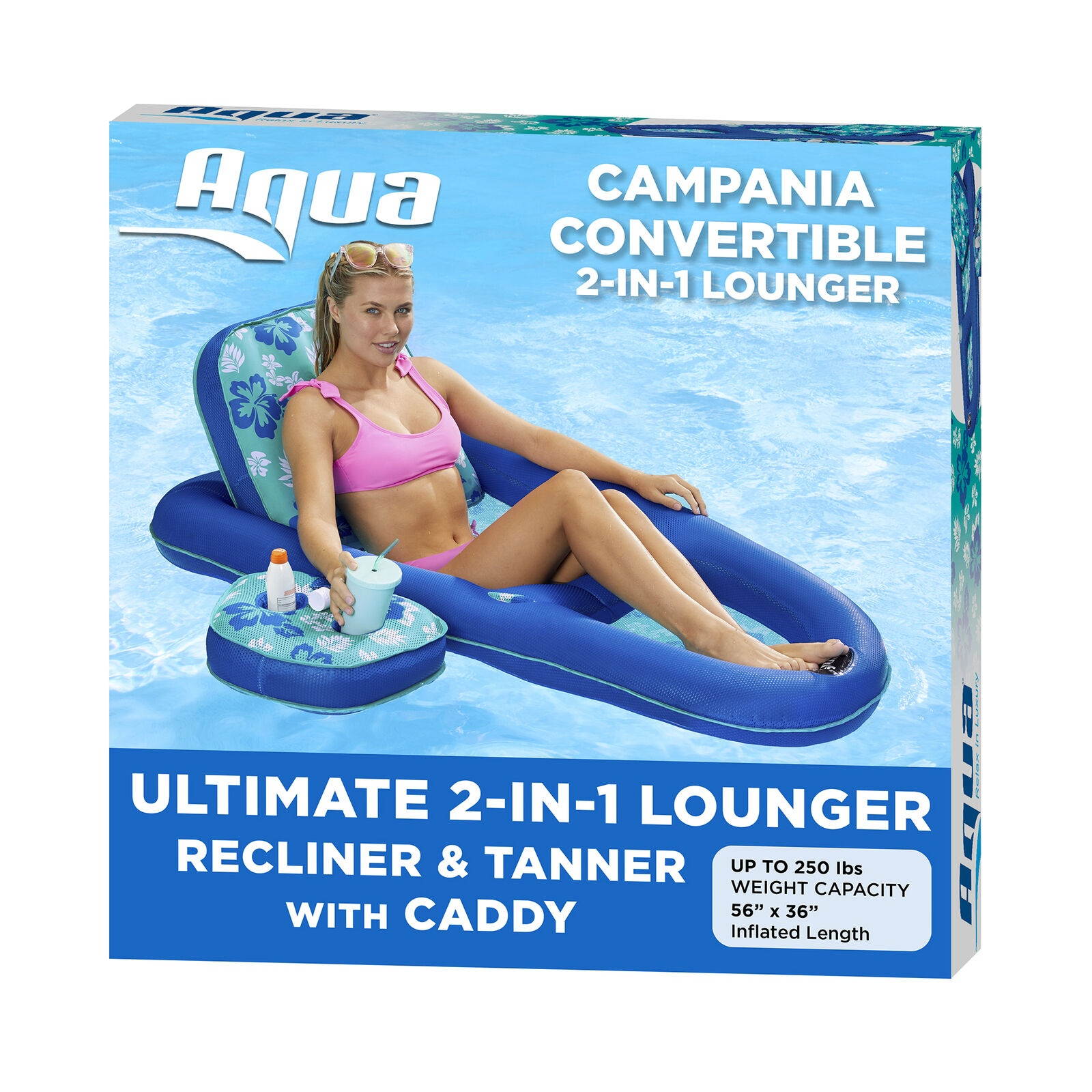 Leisure Campania Convertible 2 in 1 Pool Float Lounge/Caddy, Teal Hibiscus