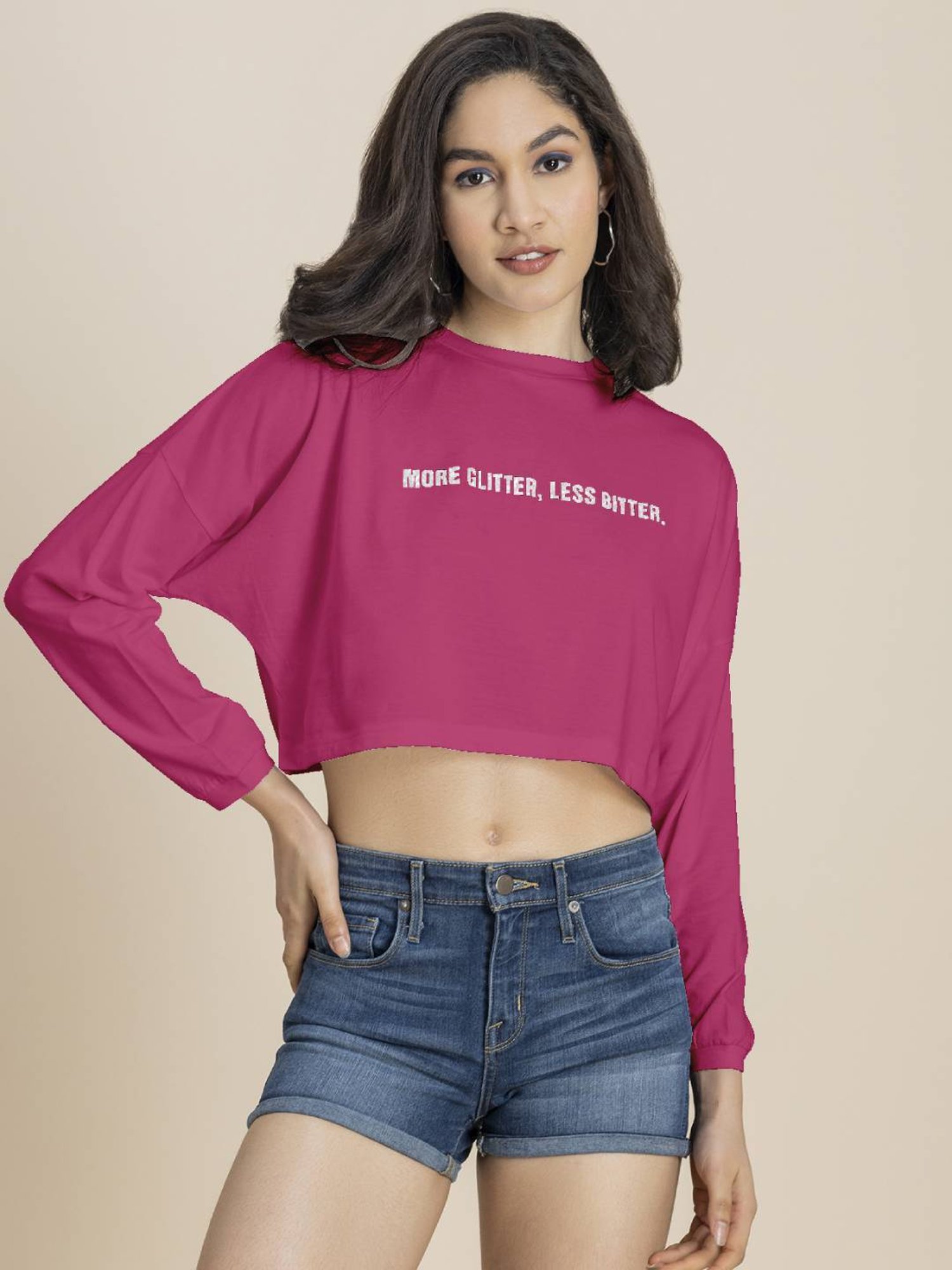 Moomaya Pink Graphic Print Crop T-Shirt