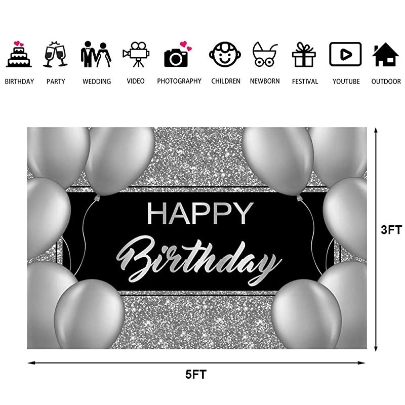 Birthday Photography Backdrop Shinning Sliver and Gery Balloons Birthday Background Black Birthday Party Decorations Banner Photo Studio Props 5x3ft