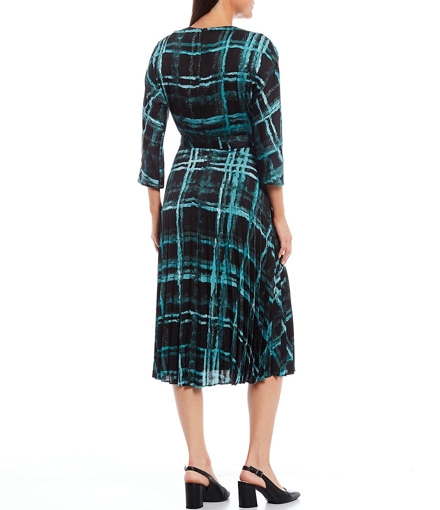 Maison Tara Plaid Sunburst Pleat 3/4 Sleeve Satin Midi Dress