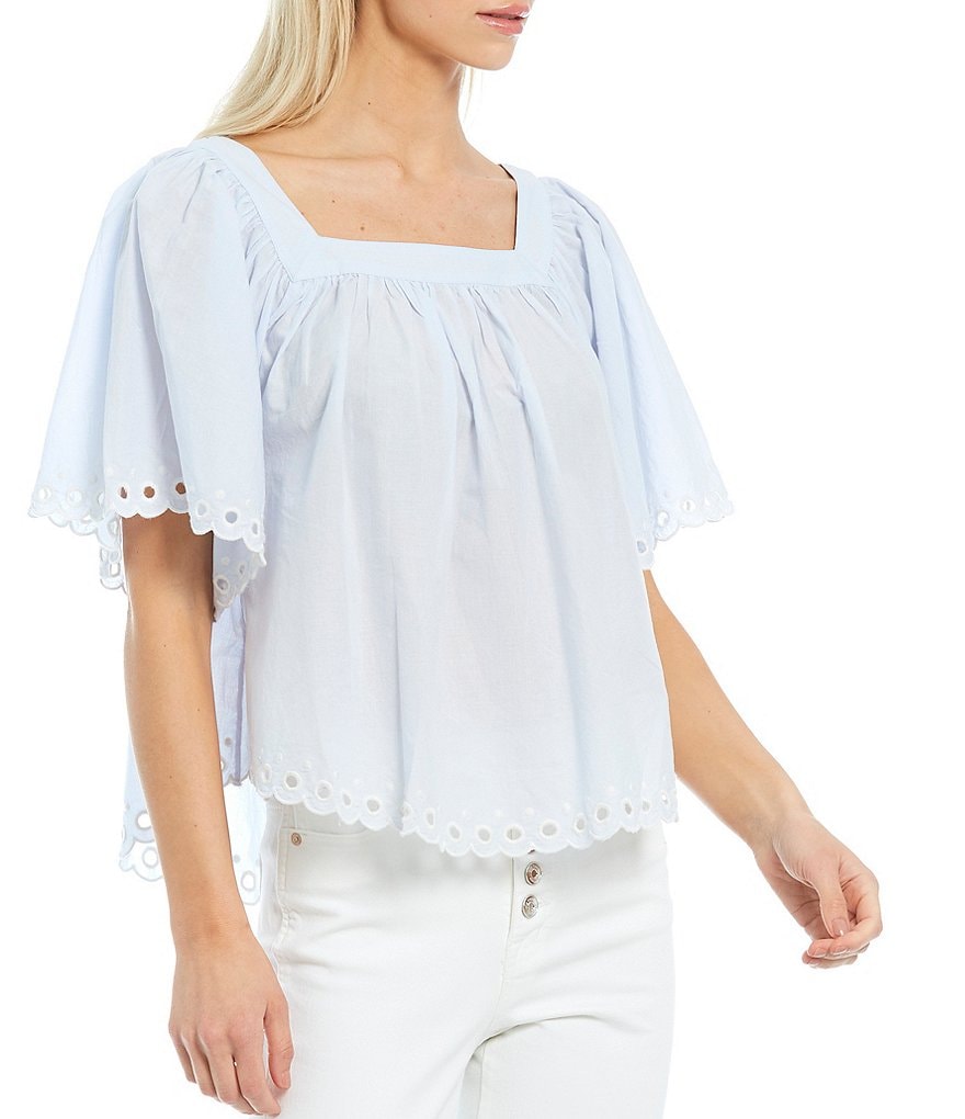 Ella Moss Lynne Shirred Embroidered Scallop Trim Top