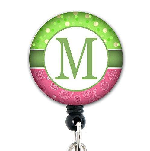 M Initial Pink Green Bandana - Retractable Badge Reel With Swivel Clip and Extra-Long 34 inch cord - Badge Holder