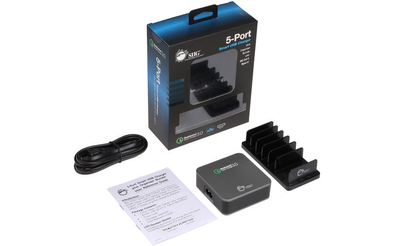 SIIG 5-Port Smart USB Charger plus Organizer Bundle with QC3.0 & Type-C - Black - 120 V AC, 230 V AC Input - 12 V DC/3 A, 9 V DC, 6.5 V DC Output