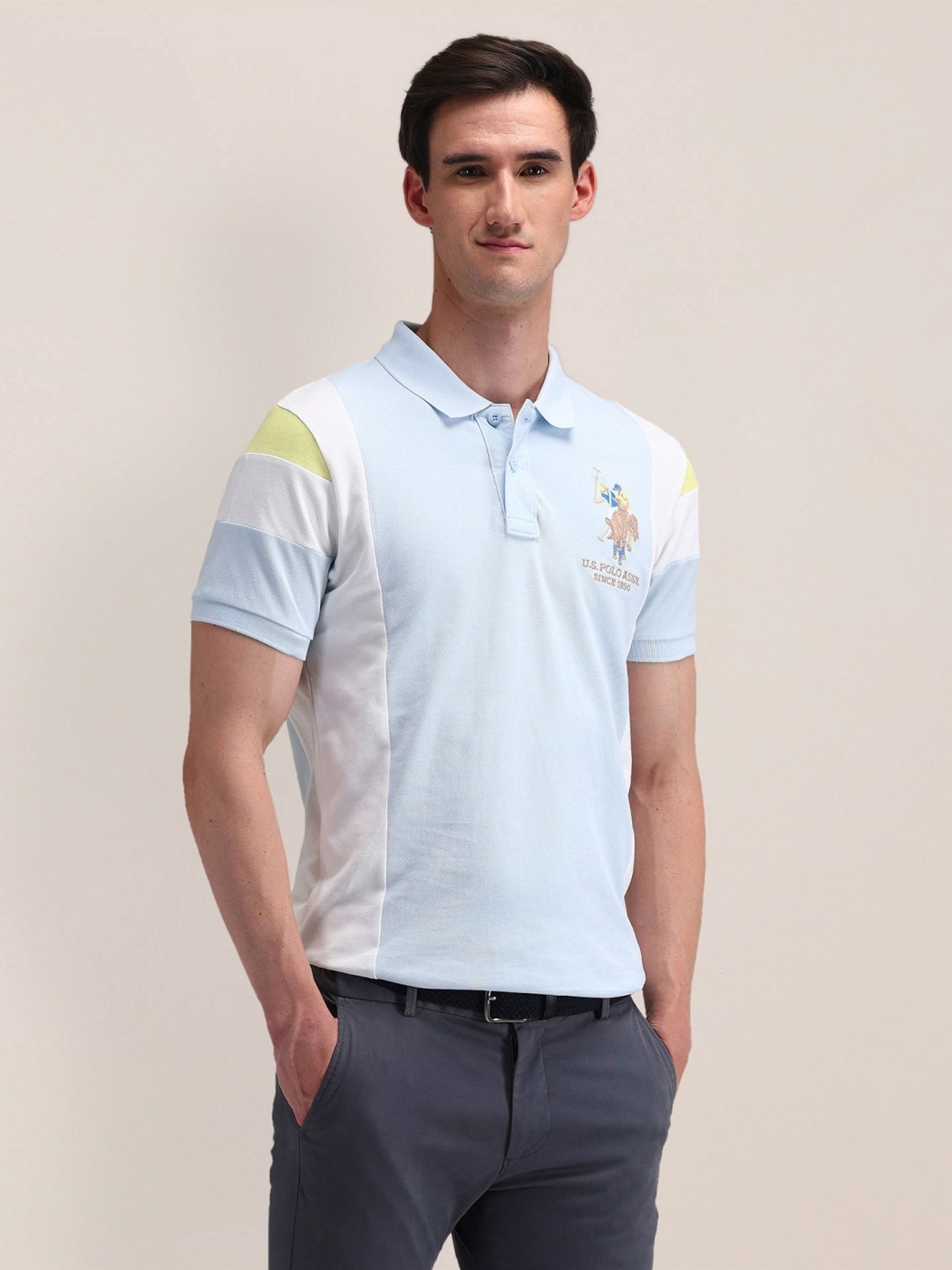 U.S. Polo Assn. Blue Cotton Slim Fit Colour Block Polo T-Shirt