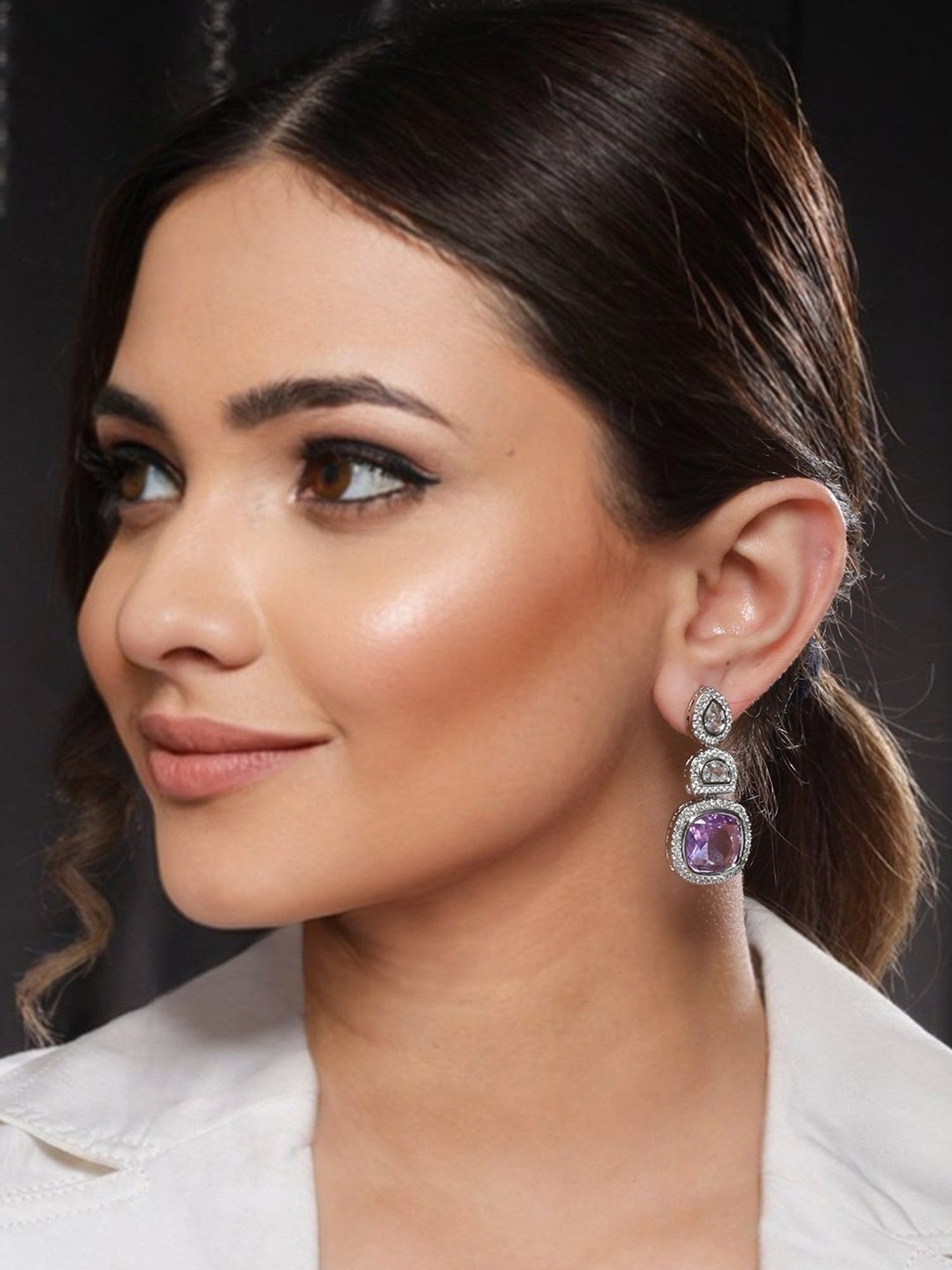 Saraf RS Jewellery White Lavender CZ Studded Drop Earrings