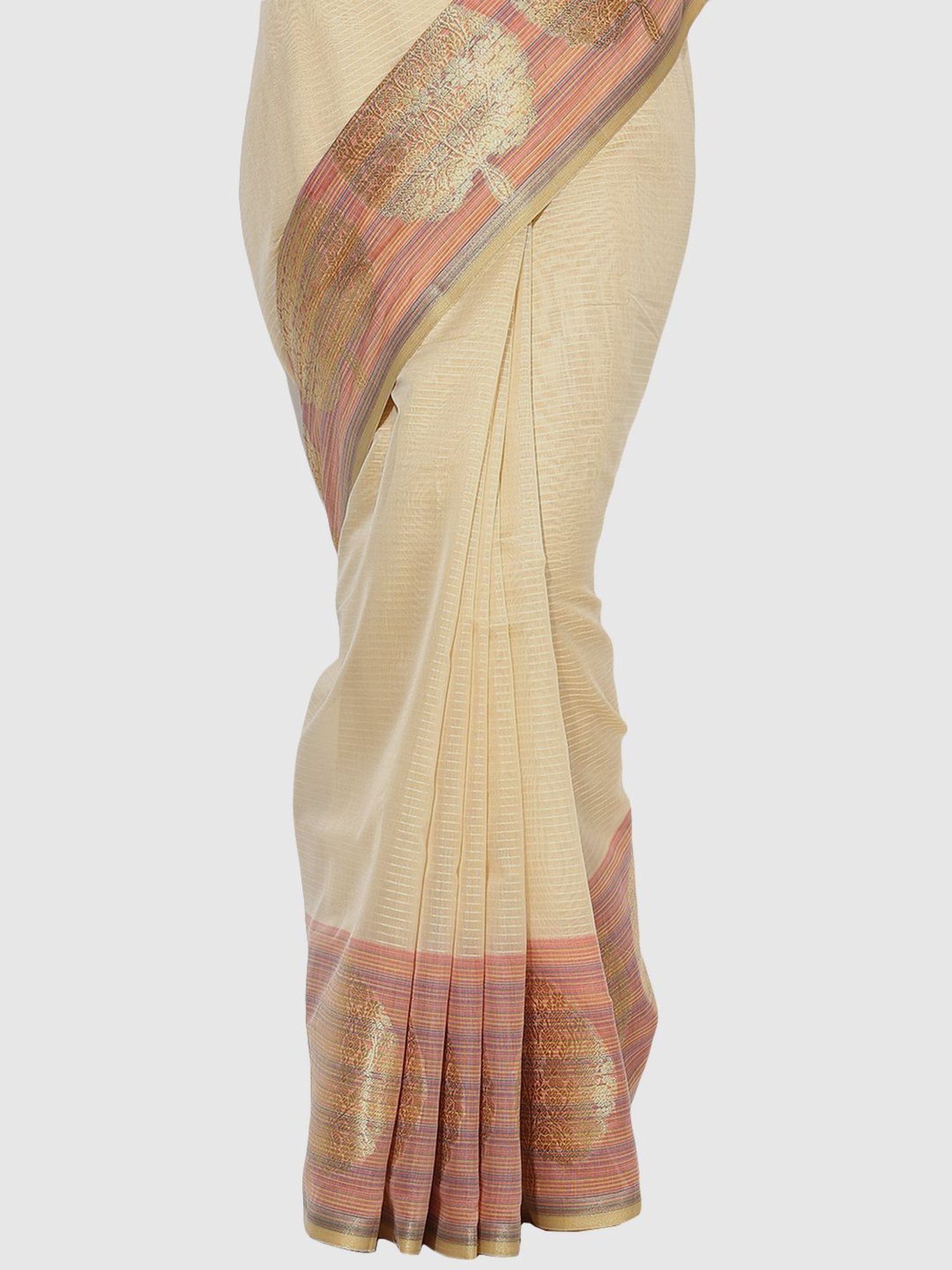 Banarasi Silk Works Cream Silk Woven Saree With Unstitched Blouse