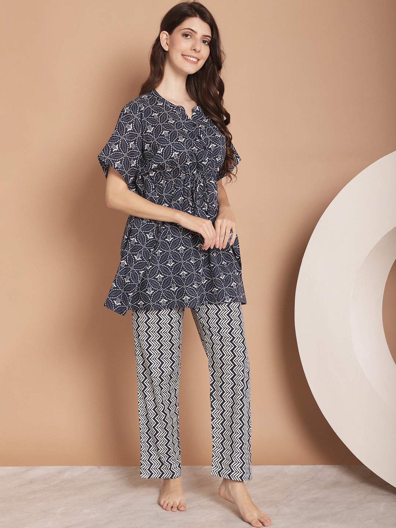 Kanvin Navy Cotton Printed Tunic Pyjamas Set