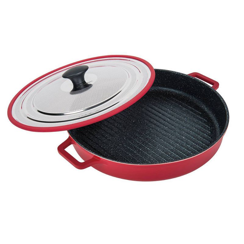 MasterPan 12" Non-Stick Cast Aluminum Stovetop Oven Grill Pan with Heat-In Steam-Out Lid Red