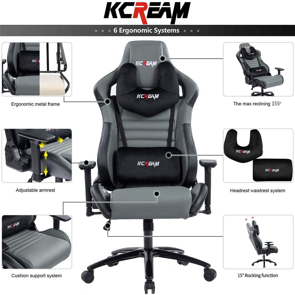 KCREAM PU Big and Tall Ergonomic Gaming Chair, Adjustable High Back Swivel Computer Chair Headrest Lumbar Support 400lbs Reclining Office Desk Chair for Adlut