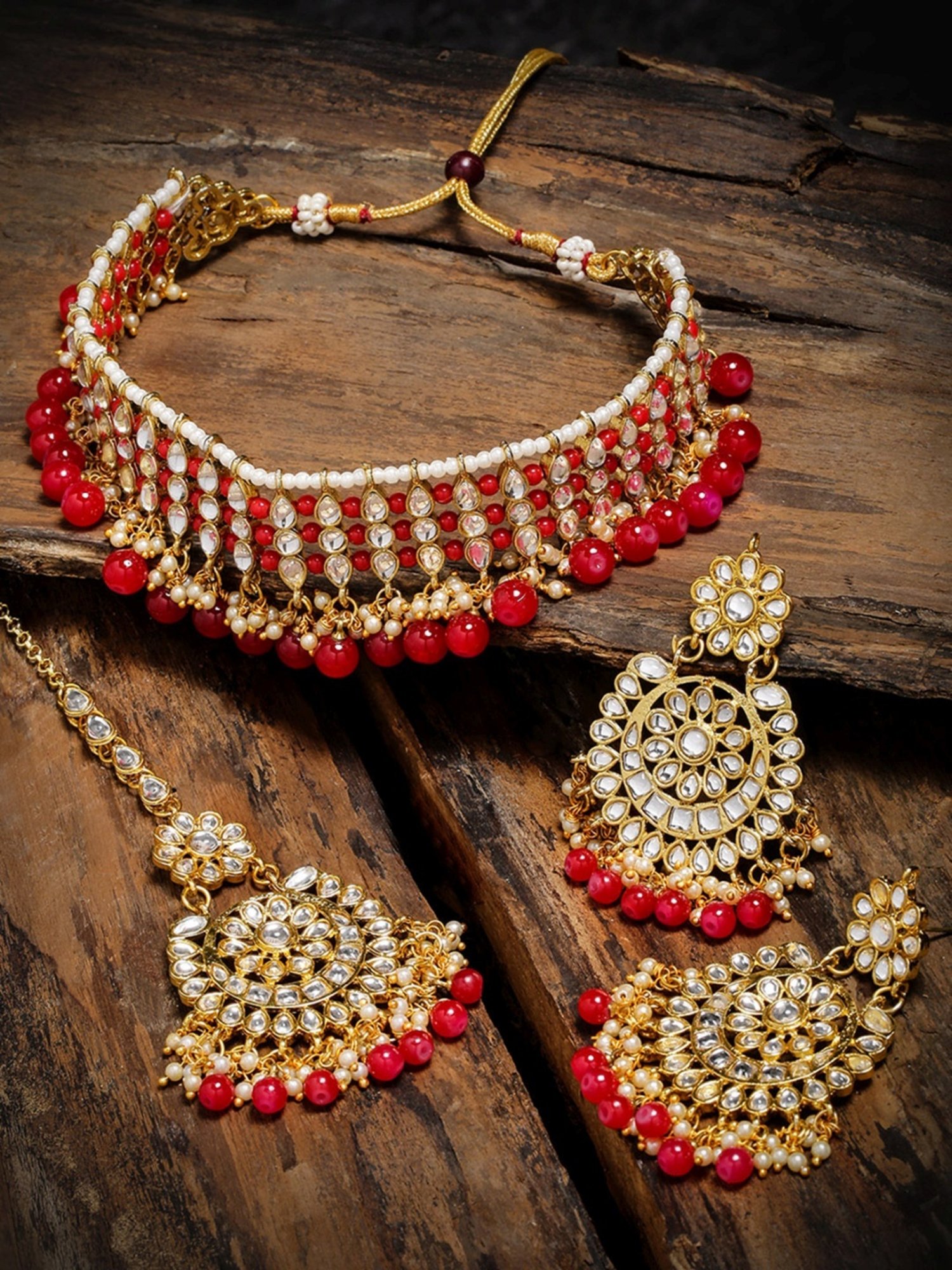 Zaveri Pearls Gold And Red Ethnic Choker Necklace Earring Maangtikka Set-ZPFK9010