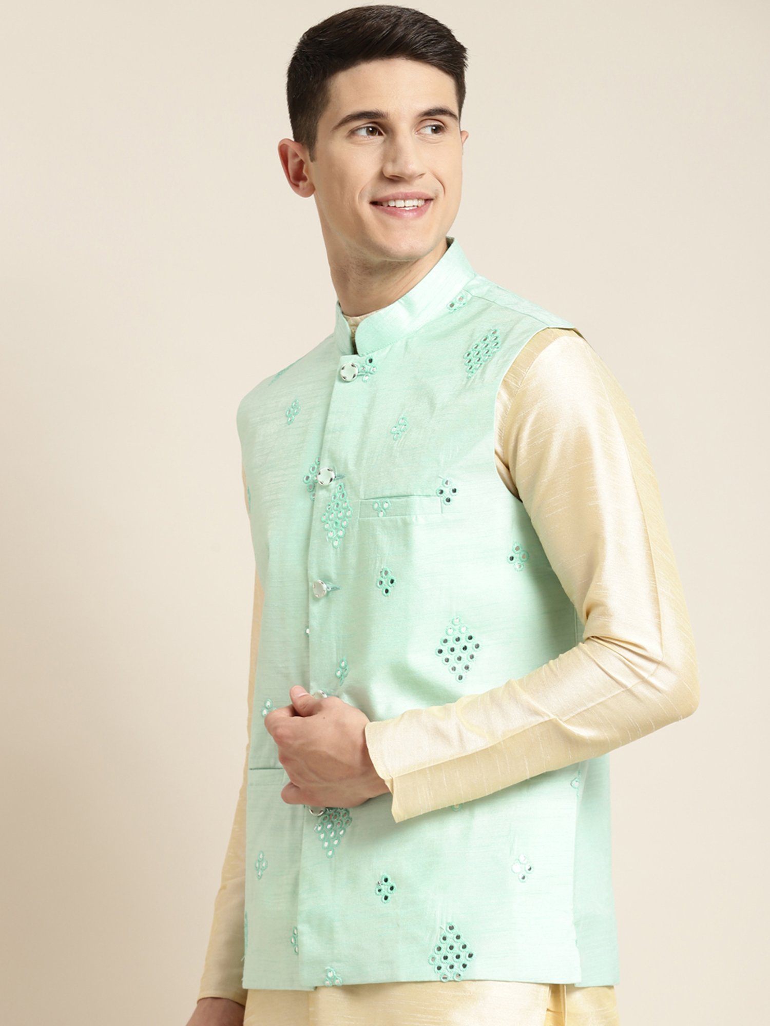 Sojanya Green Regular Fit Self Pattern Nehru Jacket