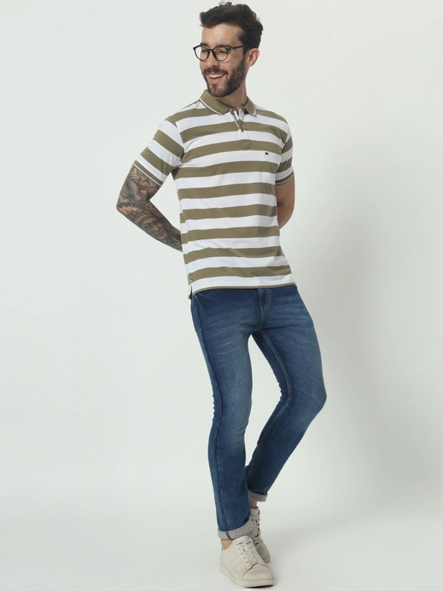 Tab91 Green Regular Fit Striped Polo T-Shirts