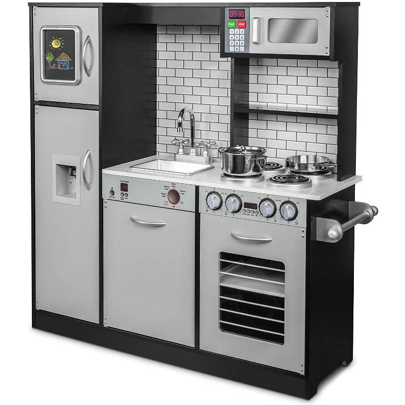 Jumbl Pretend Wooden Play Kitchen Toy Set, Realistic Design with Interactive Battery Operated Sound Elements, Microwave, Ice Machine, Chalkboard, Stovetop, Fridge, Oven, Sink & Accessories Included